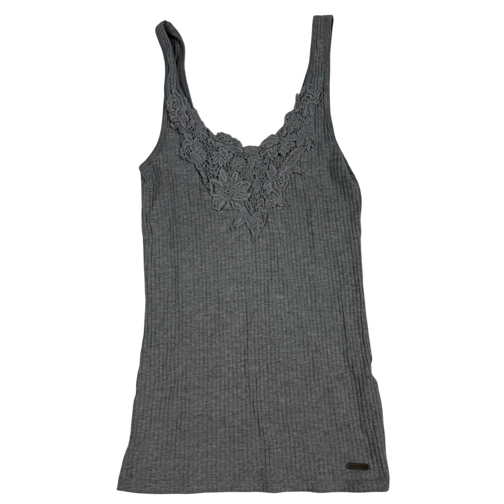 VTG Y2K Hollister Gray Ribbed Lace Trim Tank Top V-Neck Crochet Cami XS Coquette